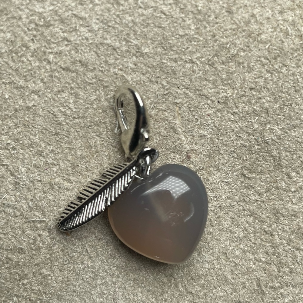 Smokey Quartz Heart Pet Collar Charm With Small Antique Silver Feather Charm - Picture 6 of 12